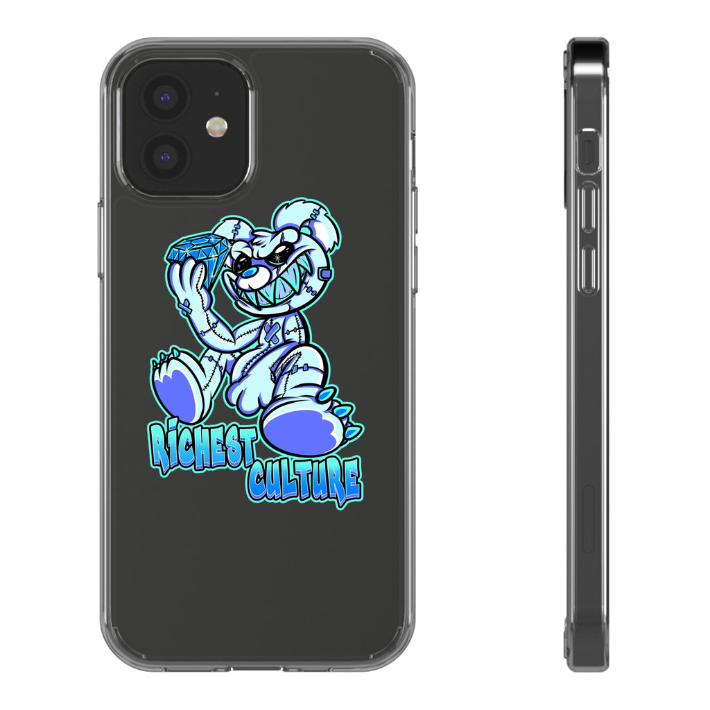 Clear Phone Case — "Richest Culture" Blue Grinning Bear Graphic