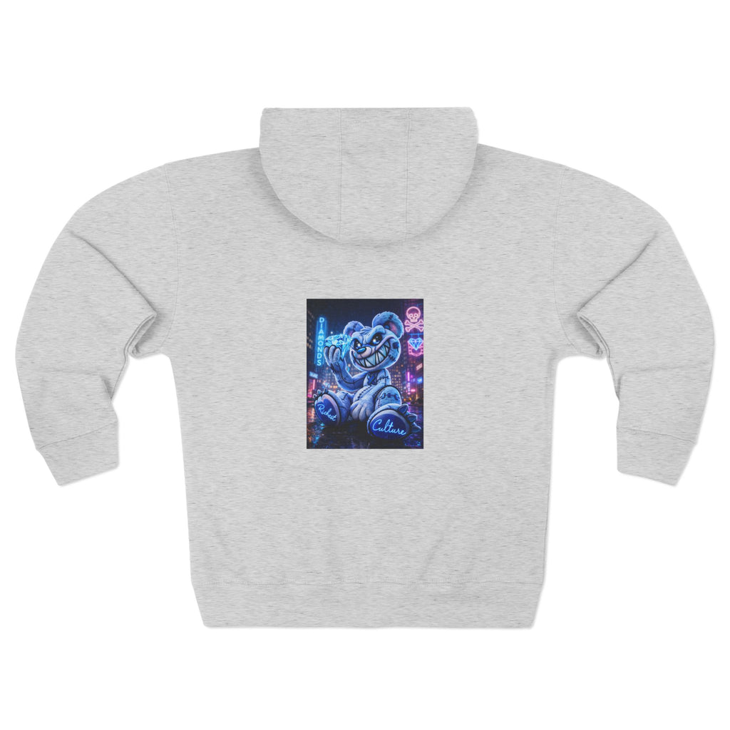 Retro Neon Bear Zip Hoodie — Vaporwave Streetwear with Blue 'R' Logo