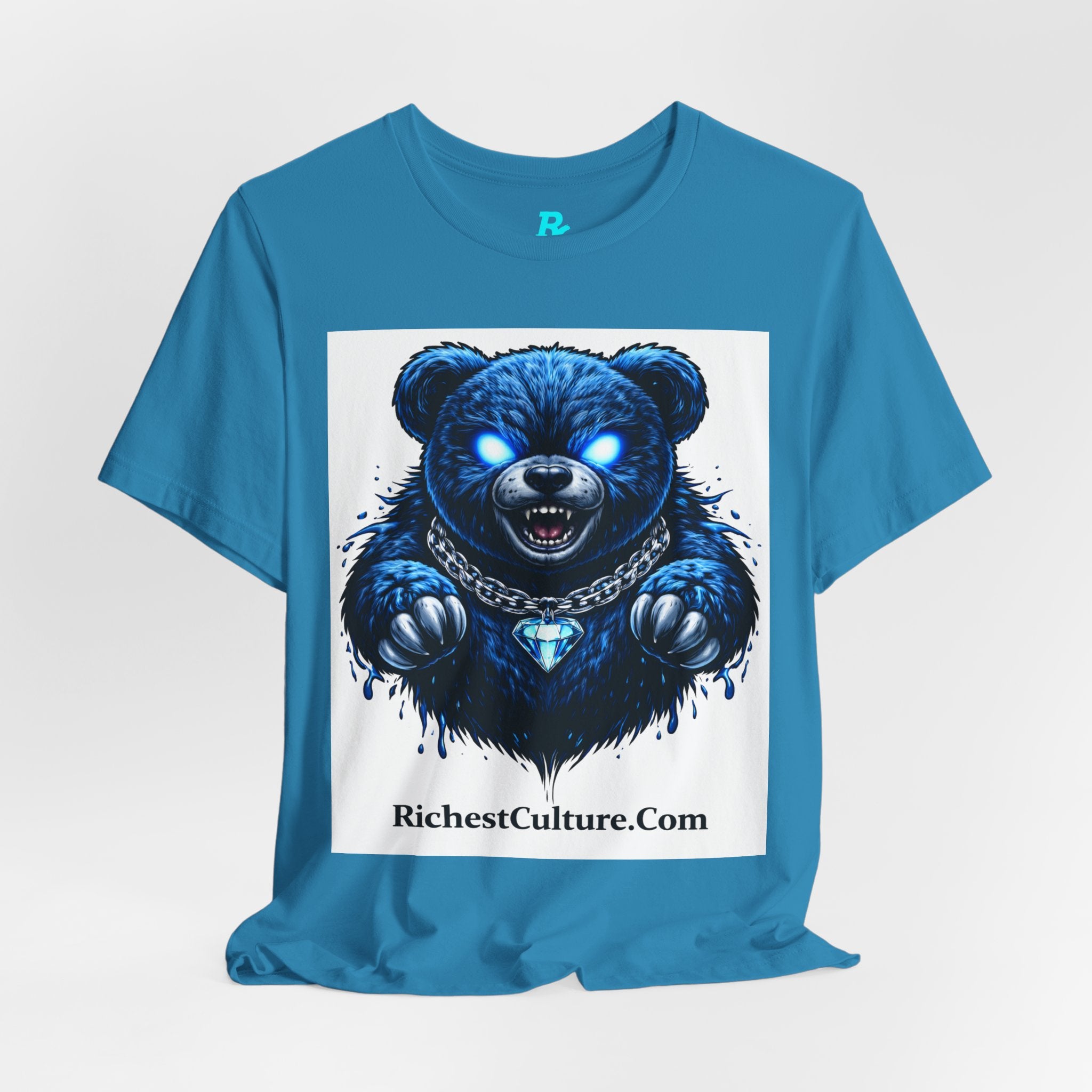 Blue Neon Grizzly Tee — Fierce Bear Graphic Shirt with 'RichestCulture.com'