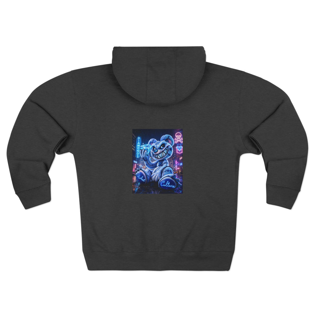 Retro Neon Bear Zip Hoodie — Vaporwave Streetwear with Blue 'R' Logo