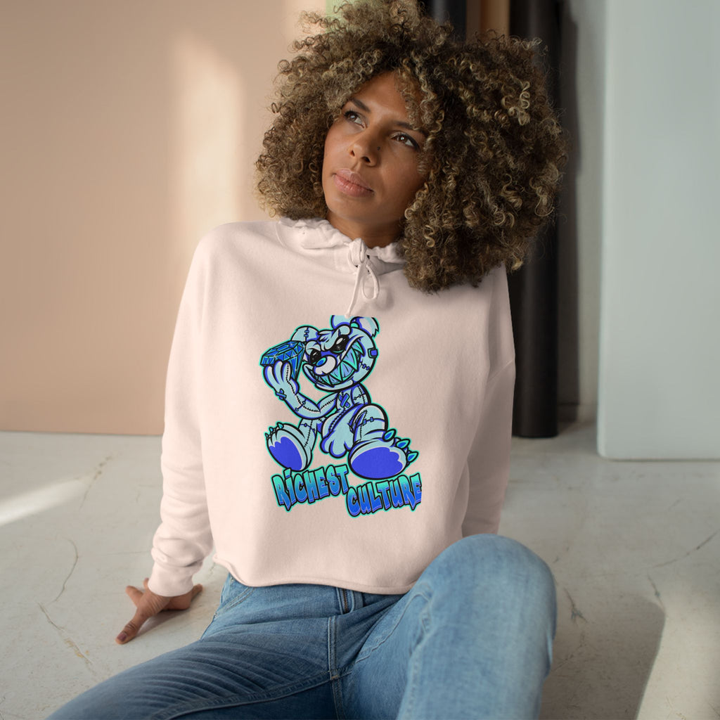 Cropped Hoodie — Blue Cartoon Bear "Nice & Chillin'" Graphic