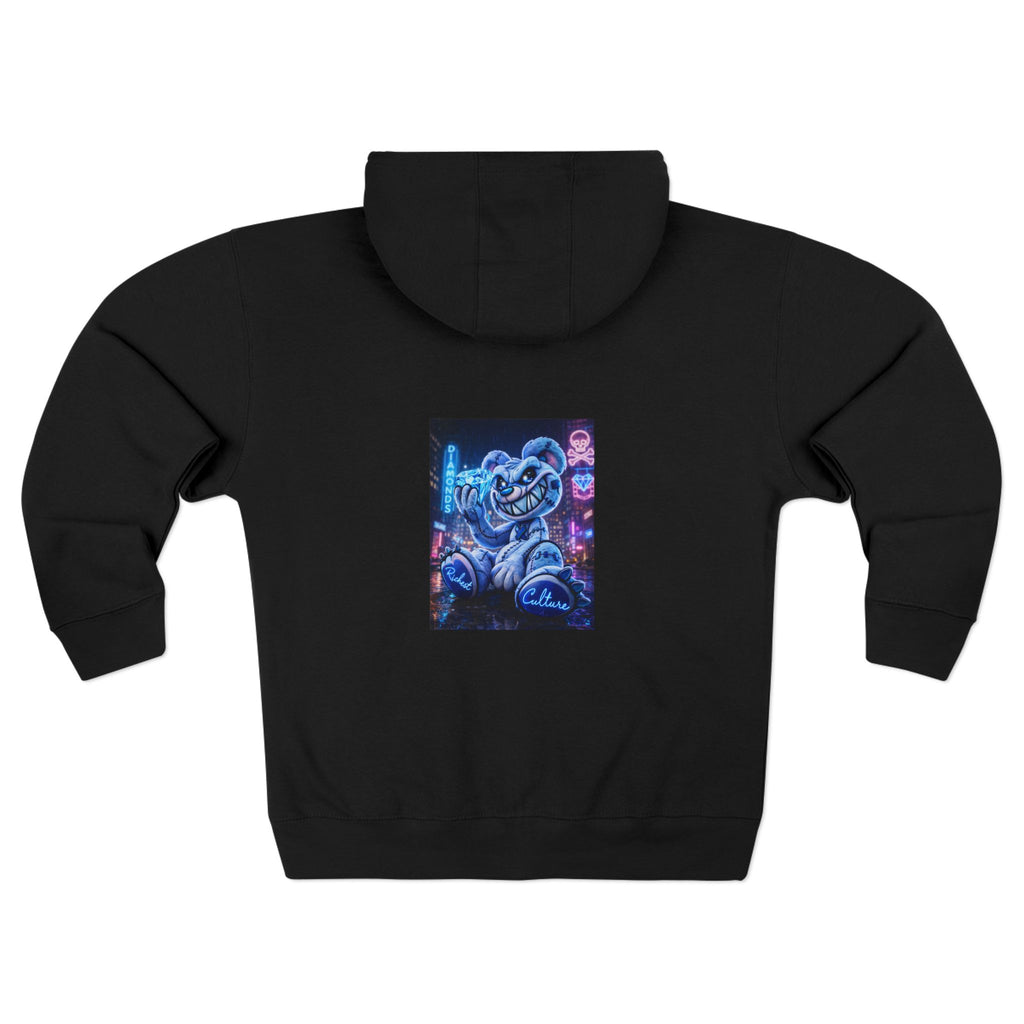 Retro Neon Bear Zip Hoodie — Vaporwave Streetwear with Blue 'R' Logo