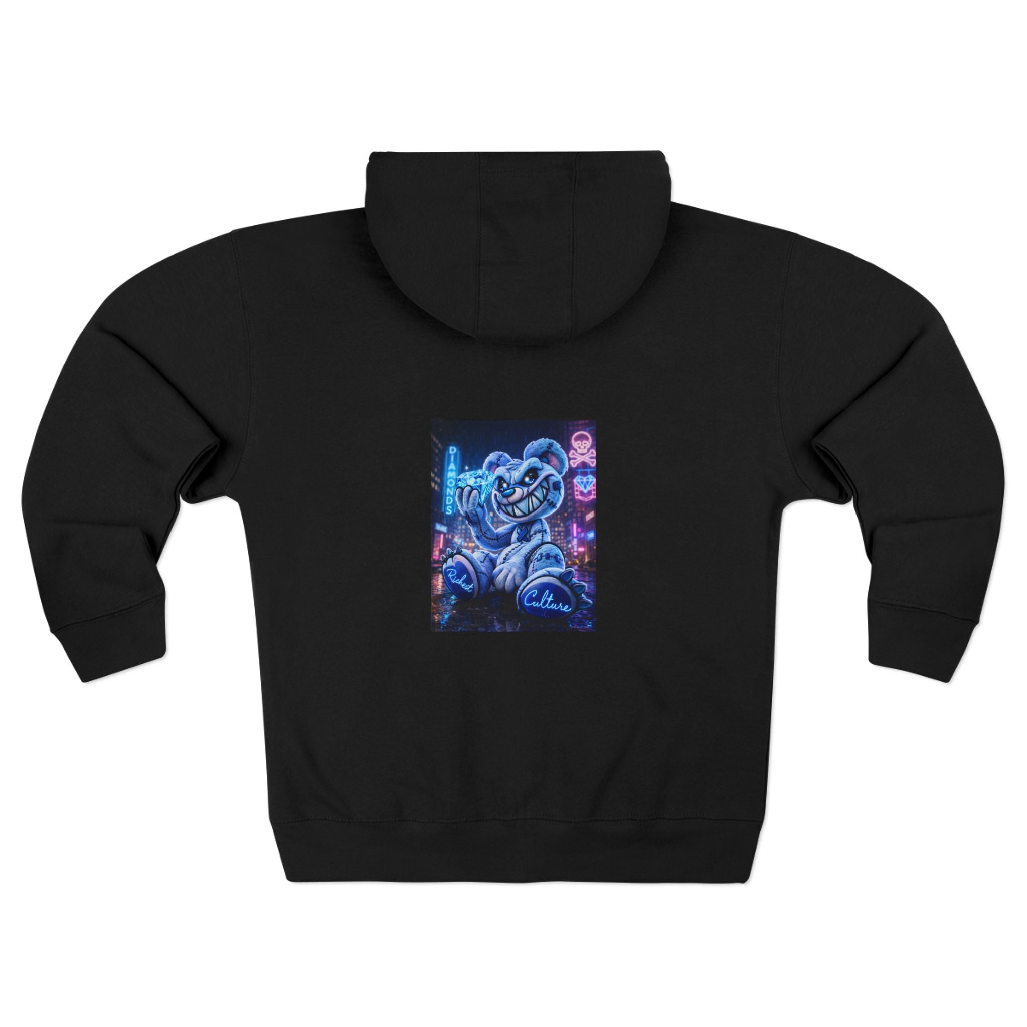 Retro Neon Bear Zip Hoodie — Vaporwave Streetwear with Blue 'R' Logo