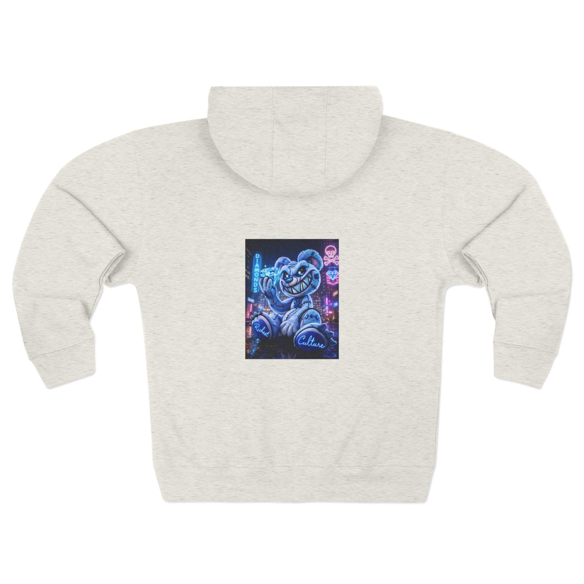 Retro Neon Bear Zip Hoodie — Vaporwave Streetwear with Blue 'R' Logo