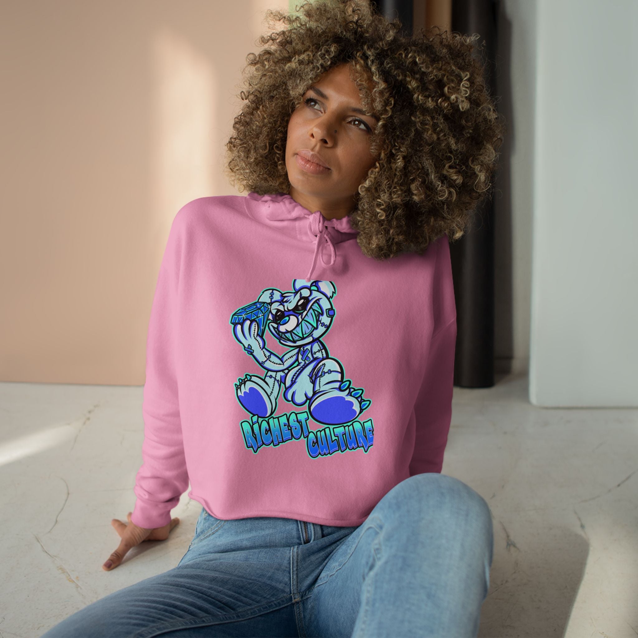 Cropped Hoodie — Blue Cartoon Bear "Nice & Chillin'" Graphic