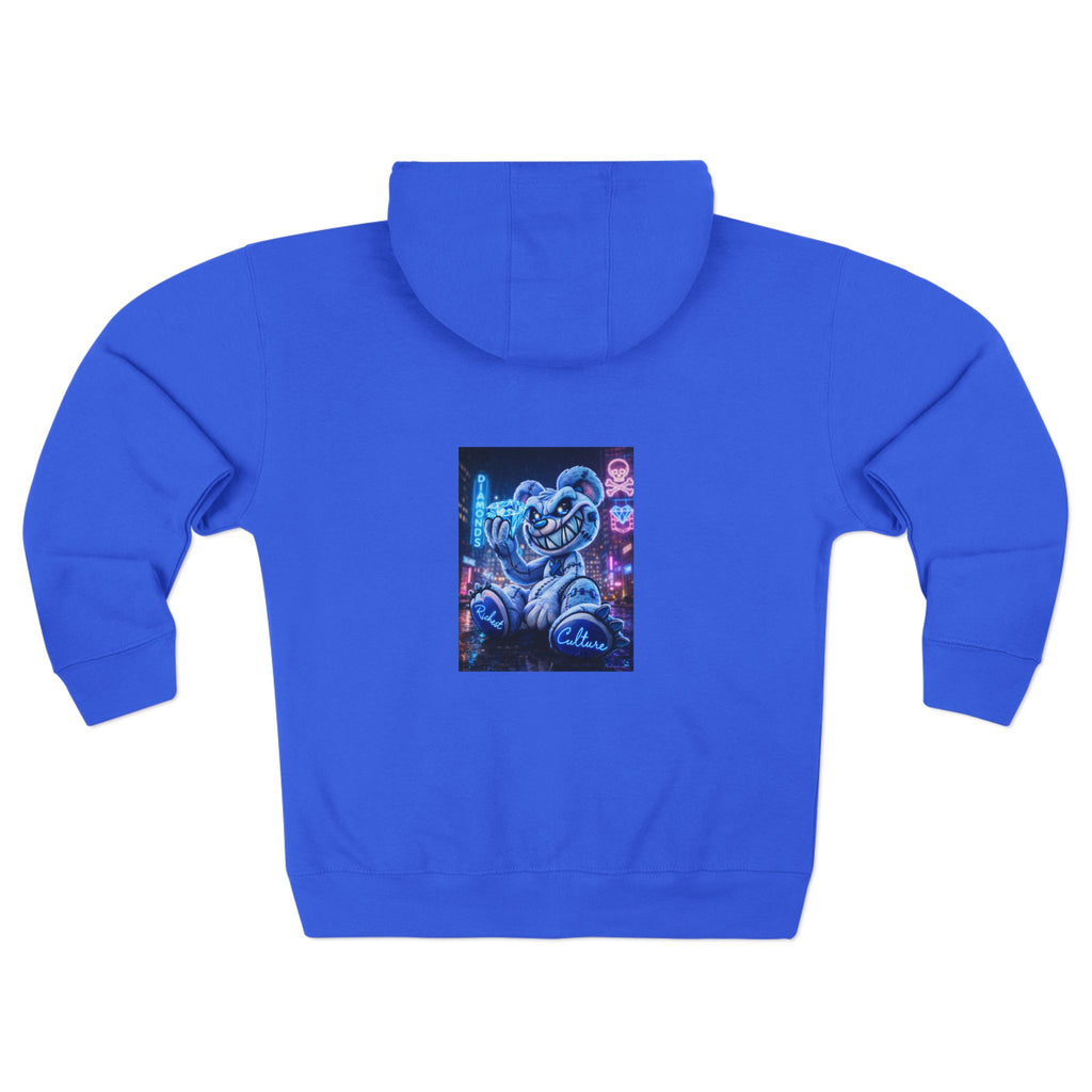 Retro Neon Bear Zip Hoodie — Vaporwave Streetwear with Blue 'R' Logo