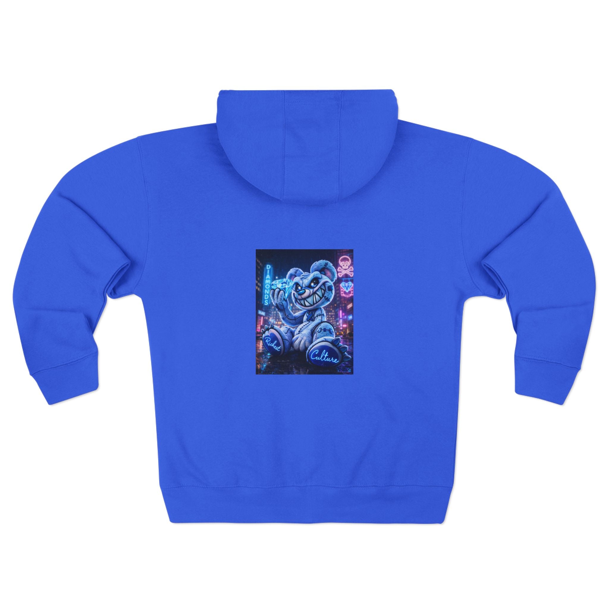 Retro Neon Bear Zip Hoodie — Vaporwave Streetwear with Blue 'R' Logo