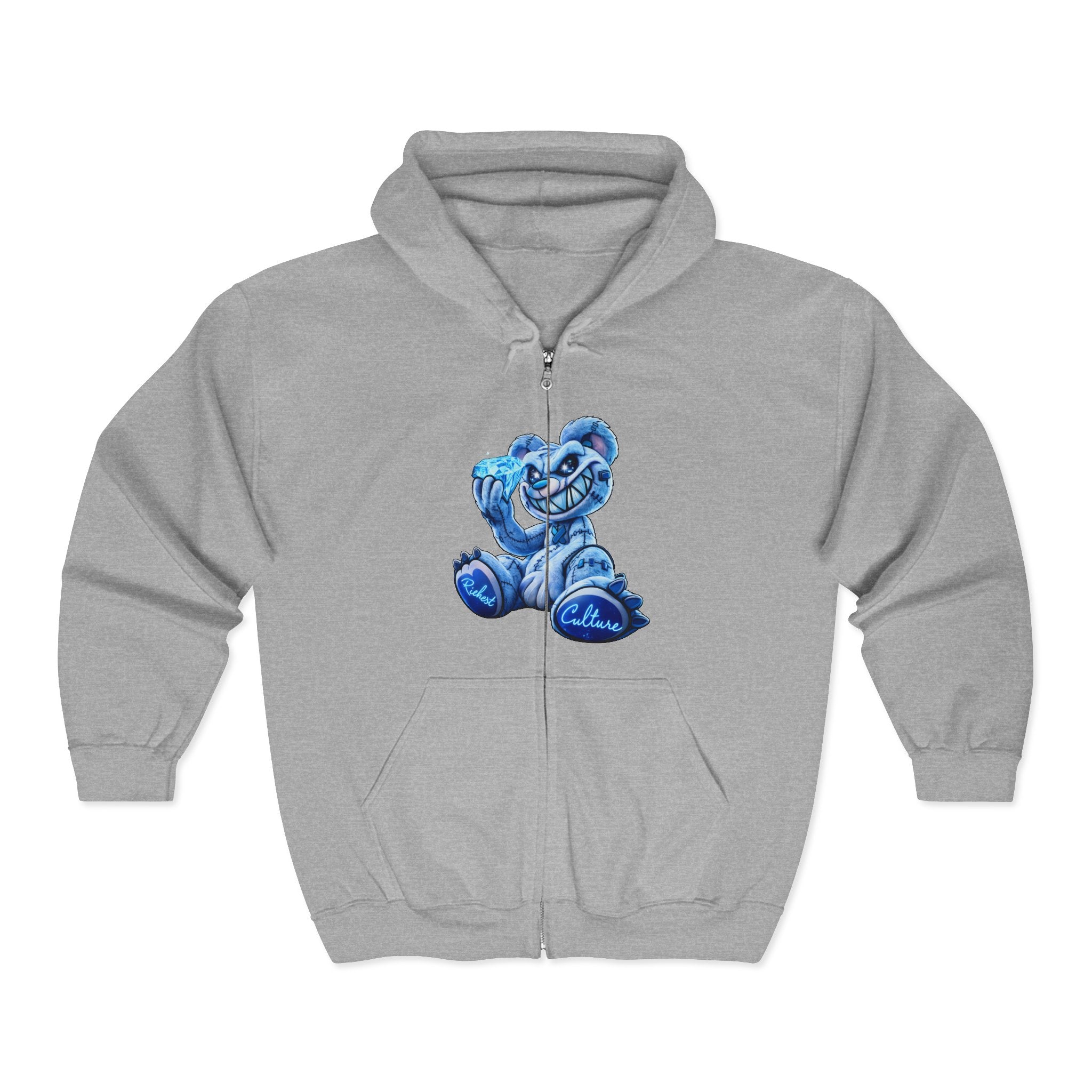 Zip Hoodie — Blue Smiling Teddy Bear Graphic