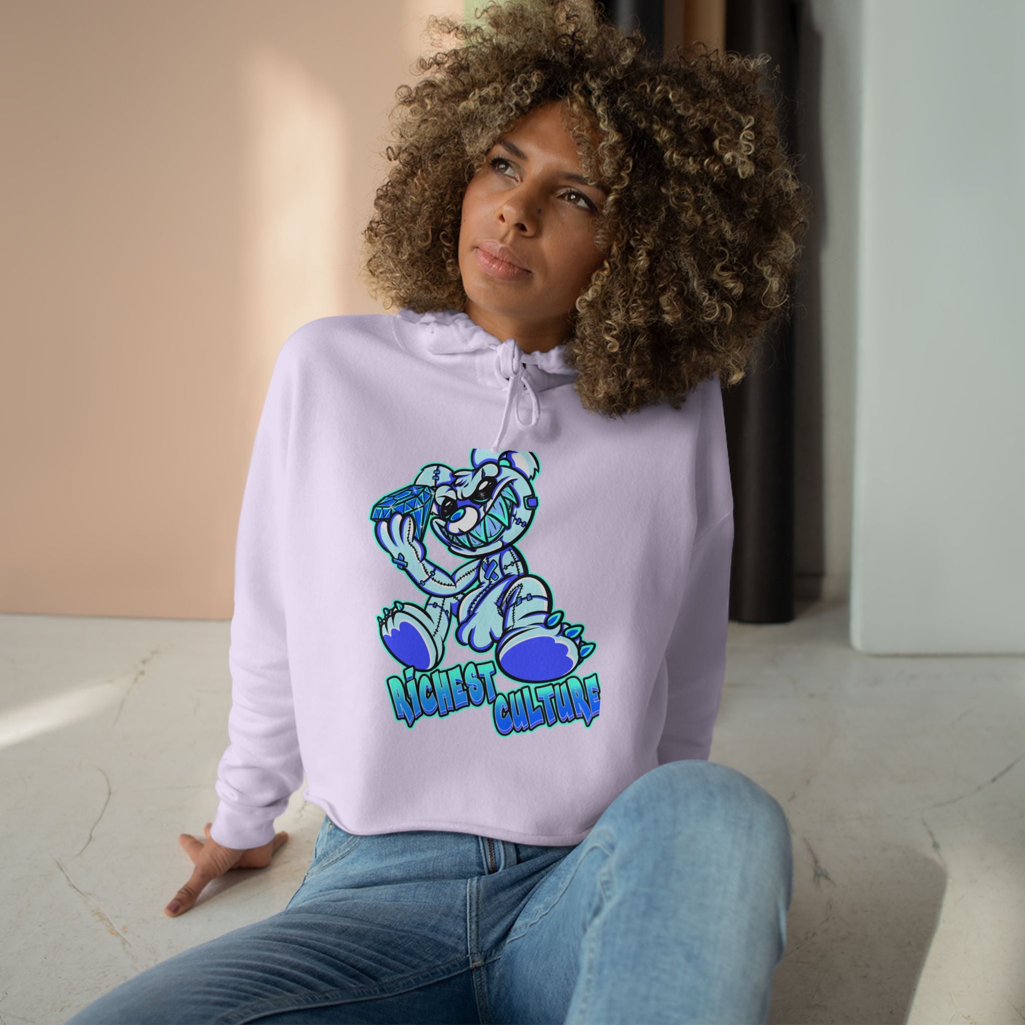 Cropped Hoodie — Blue Cartoon Bear "Nice & Chillin'" Graphic