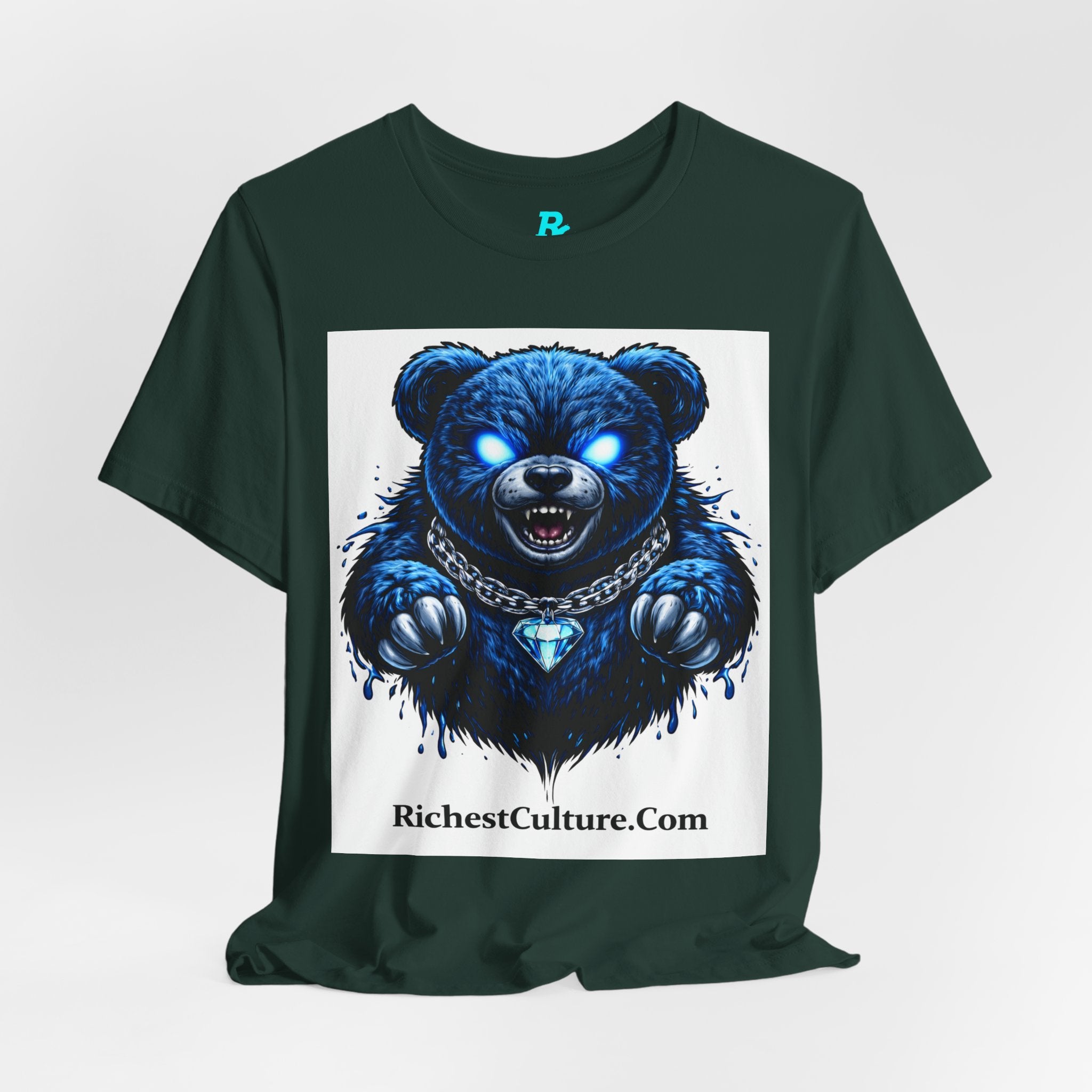 Blue Neon Grizzly Tee — Fierce Bear Graphic Shirt with 'RichestCulture.com'