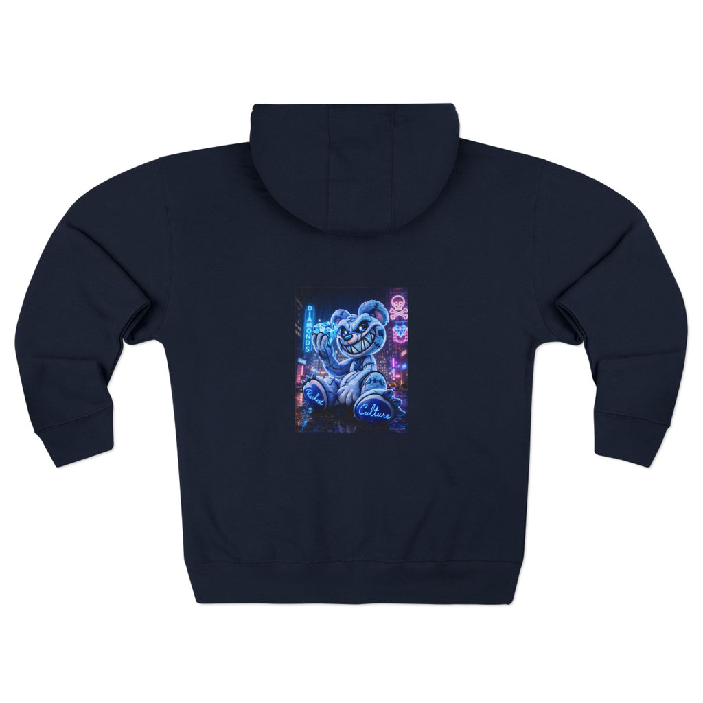 Retro Neon Bear Zip Hoodie — Vaporwave Streetwear with Blue 'R' Logo